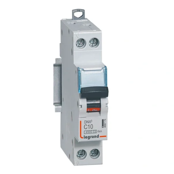 Legrand - Disjoncteur Phase+Neutre DNX³4500 6kA arrivée et sortie borne à vis - 1P+N 230V~ 10A courbe C - 1 module