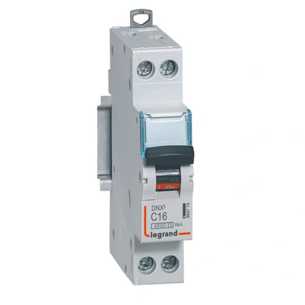 Disjoncteur Phase+Legrand - Neutre DNX³4500 6kA arrivée et sortie borne à vis - 1P+N 230V~ 16A courbe C - 1 module