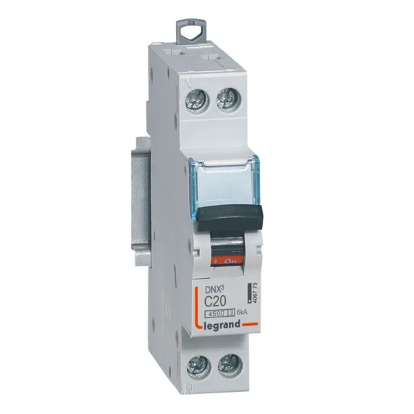 Disjoncteur Phase+Legrand - Neutre DNX³4500 6kA arrivée et sortie borne à vis - 1P+N 230V~ 20A courbe C - 1 module