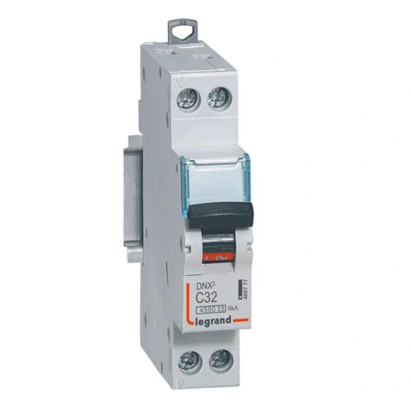 Disjoncteur Phase+Legrand - Neutre DNX³4500 6kA arrivée et sortie borne à vis - 1P+N 230V~ 32A courbe C - 1 module