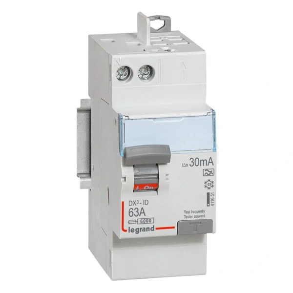 Interrupteur différentiel DX³-ID arrivée haut à vis et départ haut automatique - 2P 230V~ 63A typeA 30mA - 2 modules